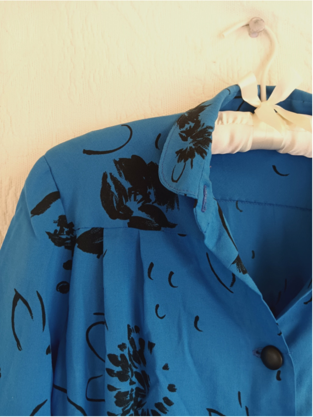 80s Button down Midi shirt Dress electric Blue Black floral vintage secretary M - Picture 2 of 16